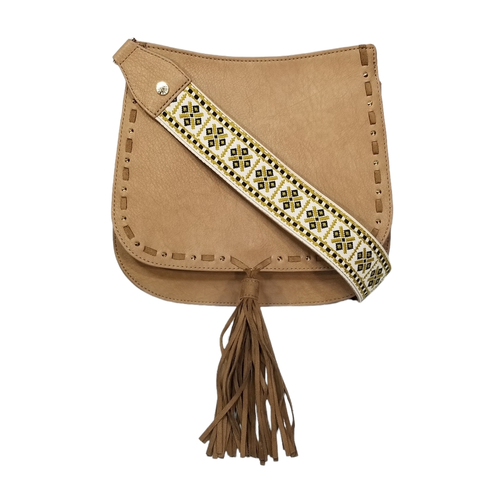 Steve Madden BSwiss Womens Saddle Bag in Tan with Embroidered Guitar Strap